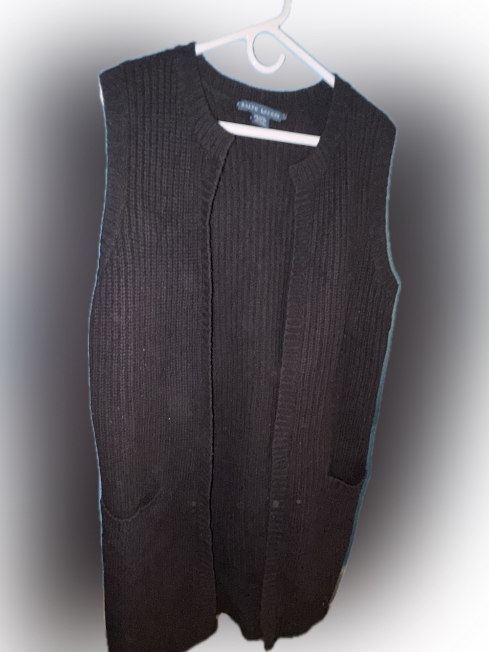 Ralph Lauren Blue Label WOOL/ CASHMERE BLEND Black Ribbed Open-Front Knit Vest
